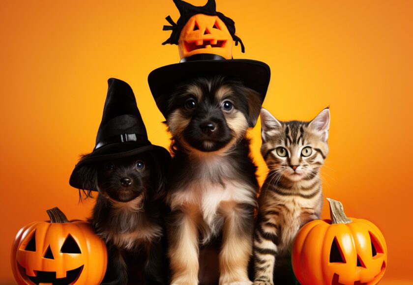 cat and dog, wearing costume for halloween. friend with orange backgound. halloween theme.